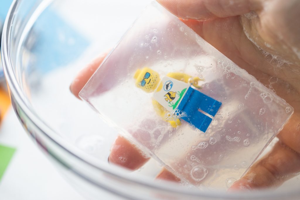 washing hands with lego minifigure soap